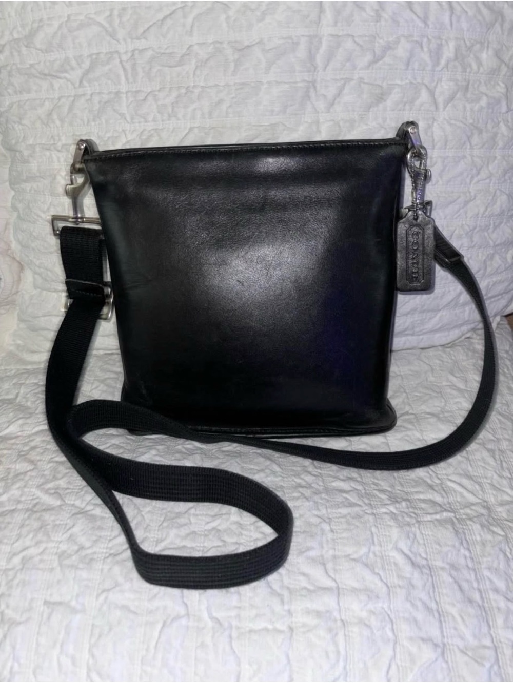 Coach Black Leather Crossbody with Web Strap and Tag